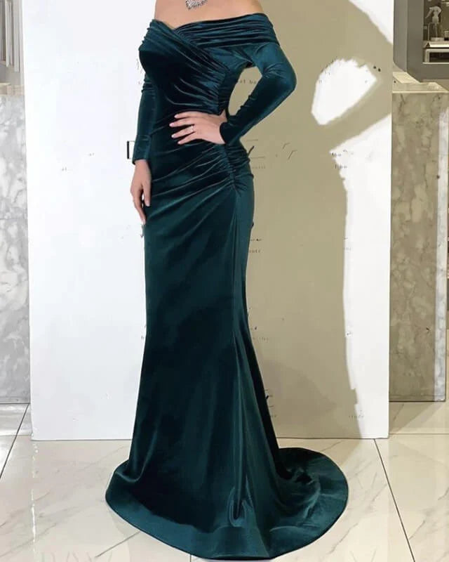 Mermaid Velvet Gown Long Sleeves Prom Dresses