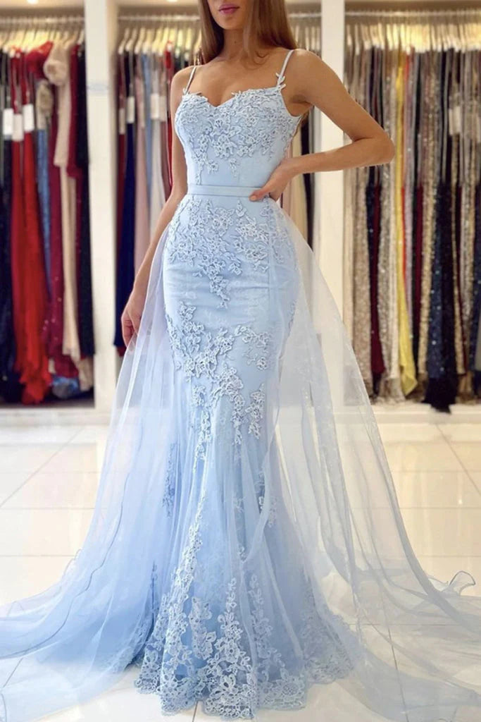 Mermaid Unique Spaghetti Straps Tulle Sexy Prom Dresses