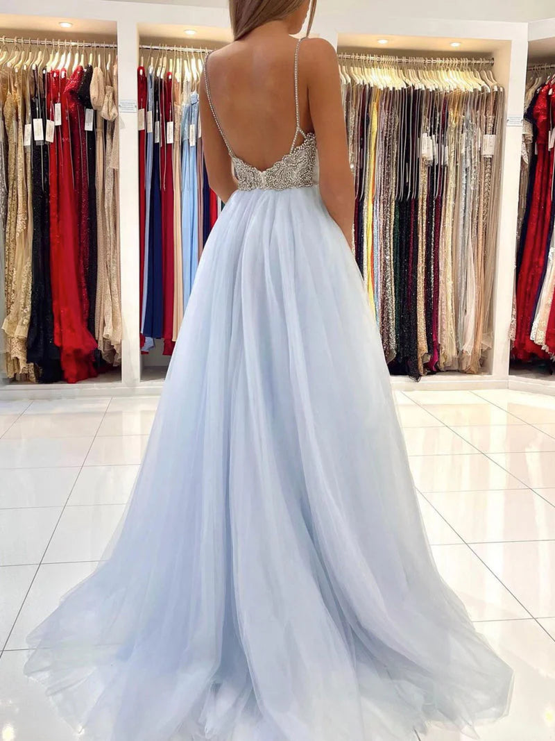 Tulle V Neck Long Prom Dress Elegant Spaghetti Straps Dress