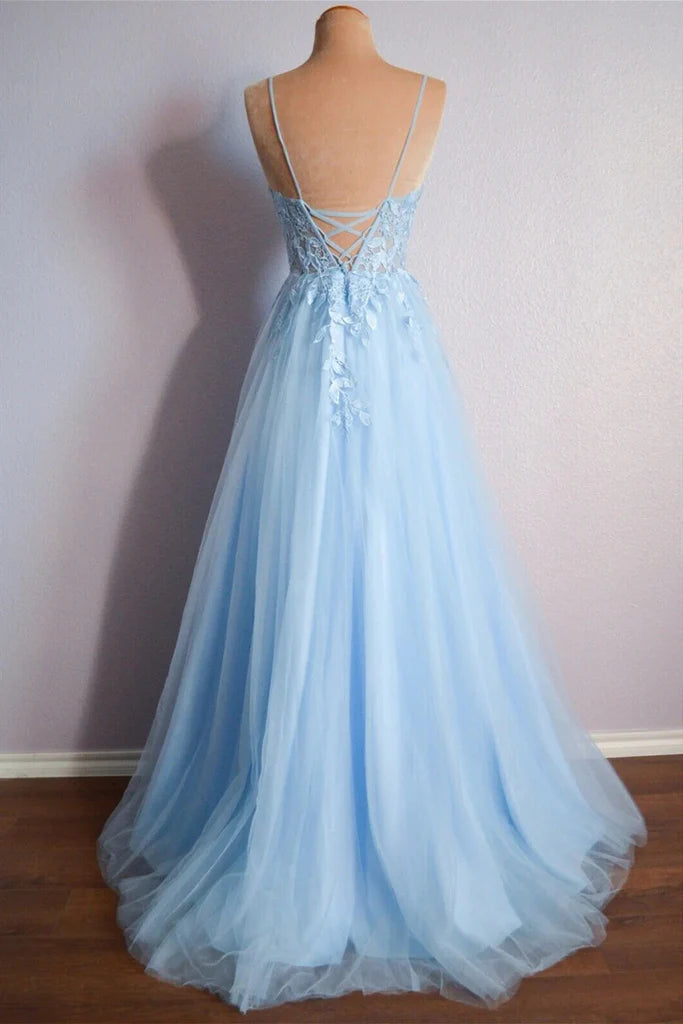 A-line V Neck Lace-Up Appliques Tulle Long Prom Dress Evening Dress