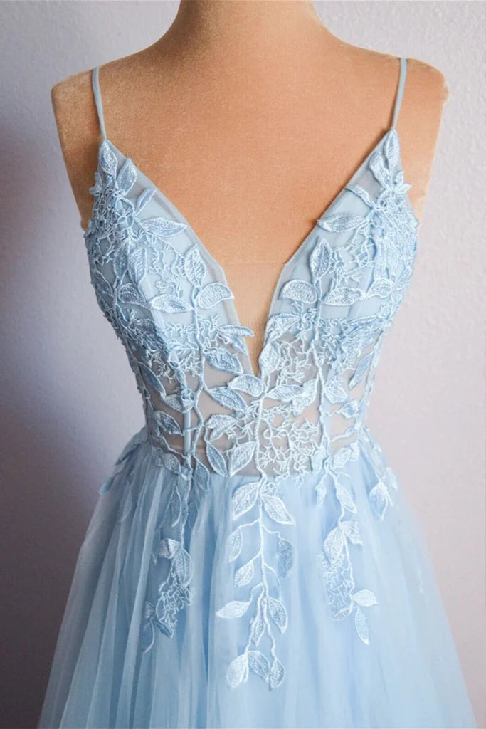 A-line V Neck Lace-Up Appliques Tulle Long Prom Dress Evening Dress