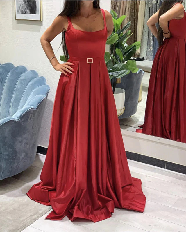 A-line Spaghetti Straps Satin Long Bridesmaid Dresses Prom Dresses