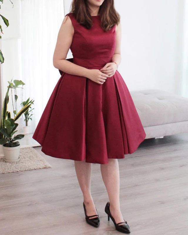 A-line Satin Bow Back Short Bridesmaid Dresses Prom Dresses