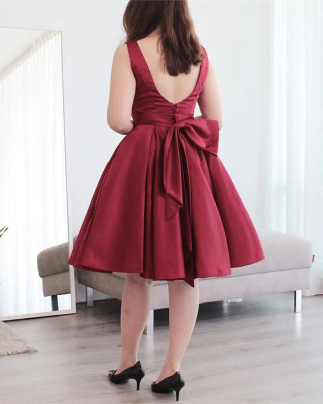 A-line Satin Bow Back Short Bridesmaid Dresses Prom Dresses