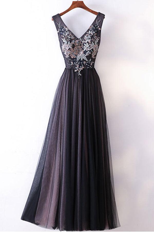 A-line Straps V-neck Embroidery Sexy Prom Dress