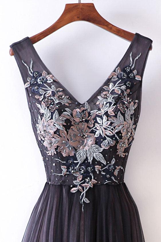 A-line Straps V-neck Embroidery Sexy Prom Dress