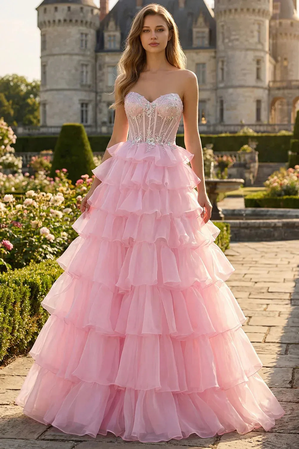 Lovely Ball Gown Sweetheart Corset Tiered Ruffle Tulle Blush Maxi Prom Dress