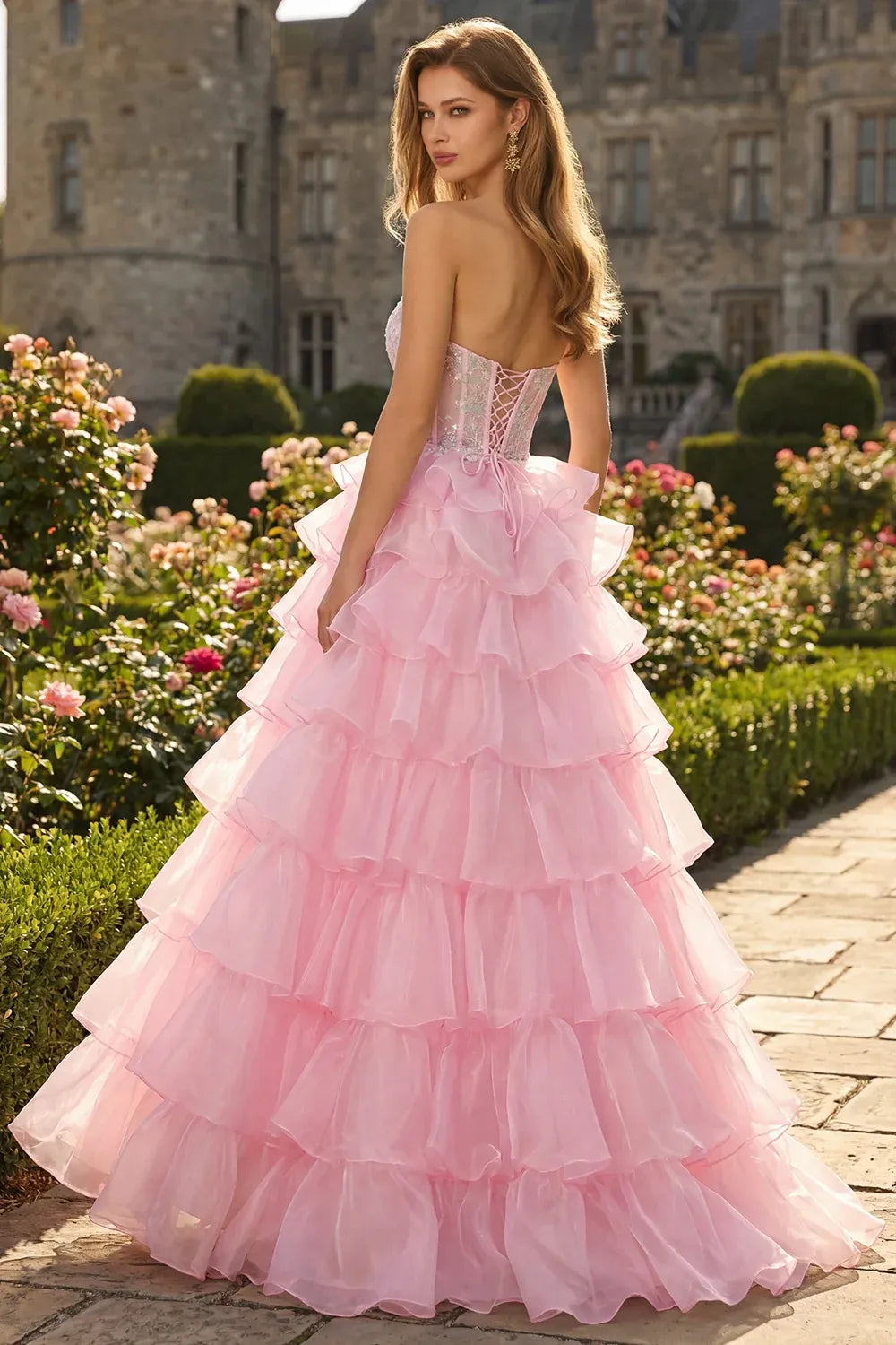 Lovely Ball Gown Sweetheart Corset Tiered Ruffle Tulle Blush Maxi Prom Dress