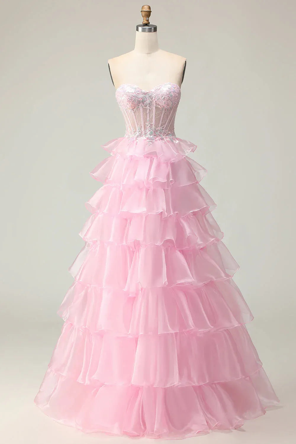 Lovely Ball Gown Sweetheart Corset Tiered Ruffle Tulle Blush Maxi Prom Dress