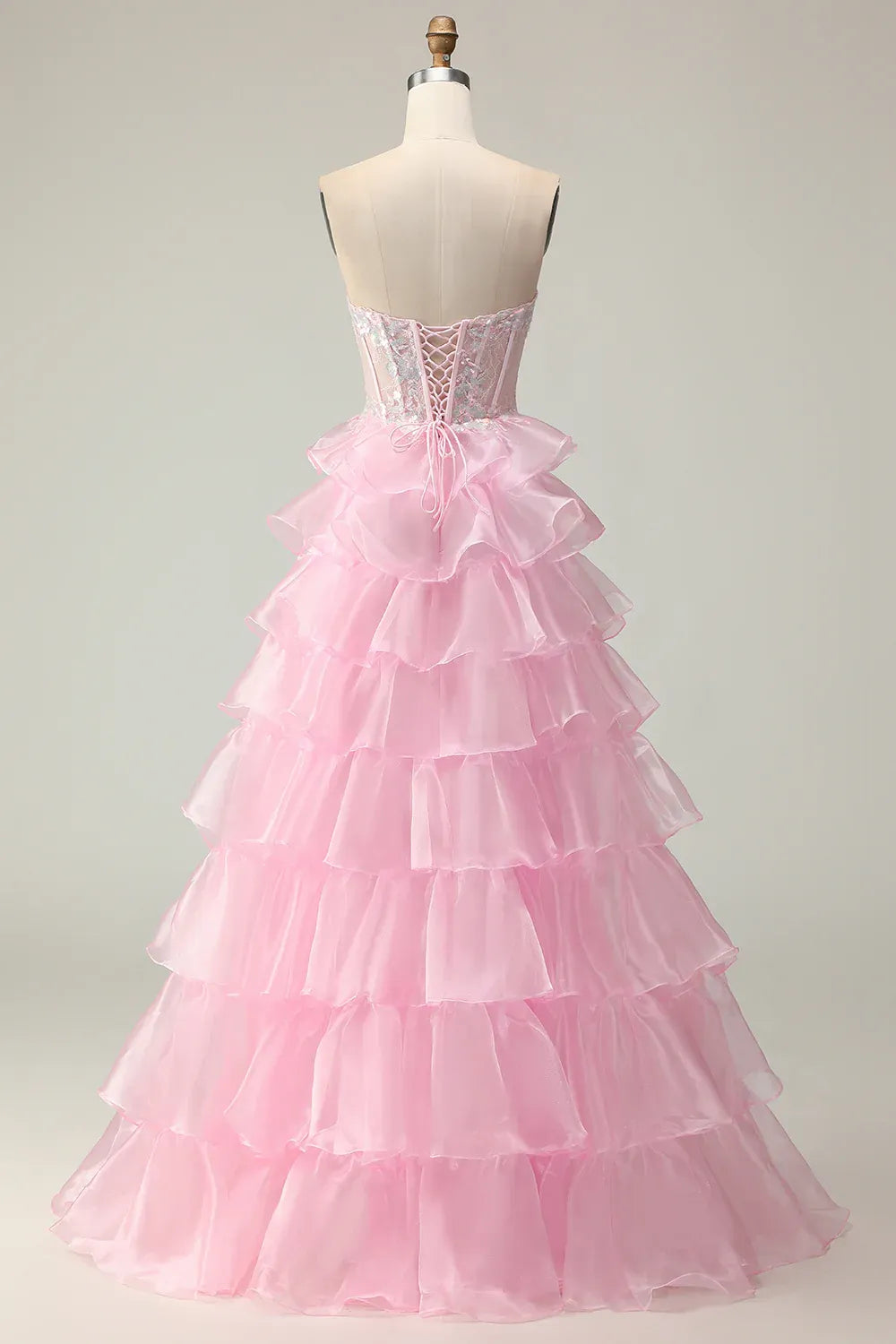 Lovely Ball Gown Sweetheart Corset Tiered Ruffle Tulle Blush Maxi Prom Dress