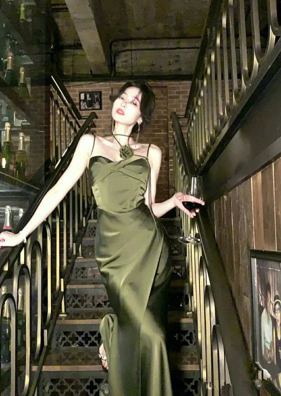 Luxe Mermaid Halter Sleeveless Ruched Olive Green Long Party Dresses