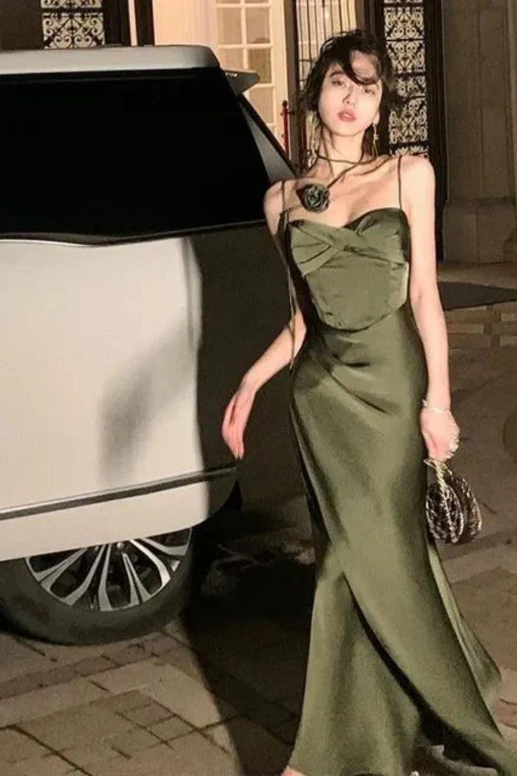 Luxe Mermaid Halter Sleeveless Ruched Olive Green Long Party Dresses