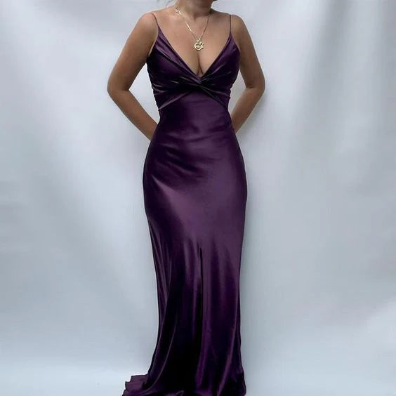 Luxe Mermaid Halter Sleeveless Twist-Front Purple Satin Party Dresses