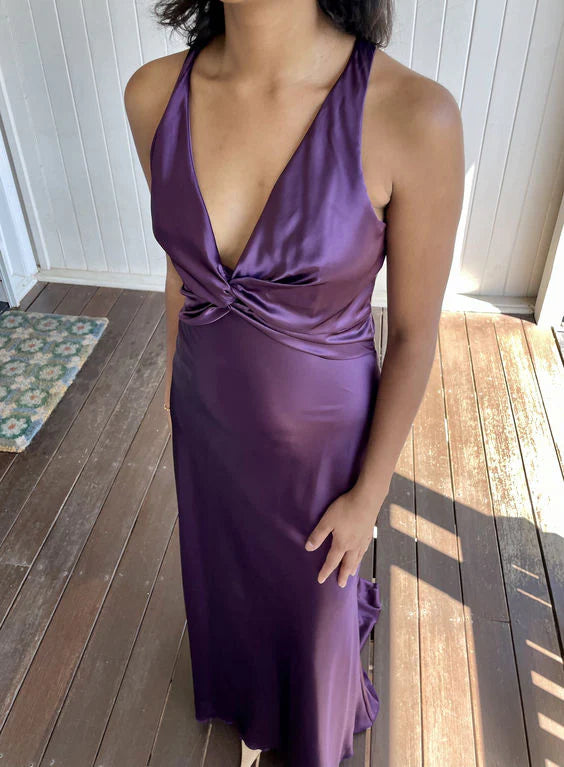 Luxe Mermaid Halter Sleeveless Twist-Front Purple Satin Party Dresses