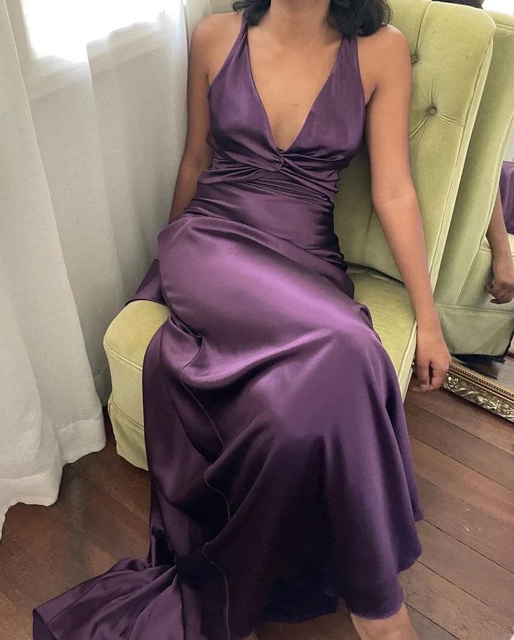 Luxe Mermaid Halter Sleeveless Twist-Front Purple Satin Party Dresses