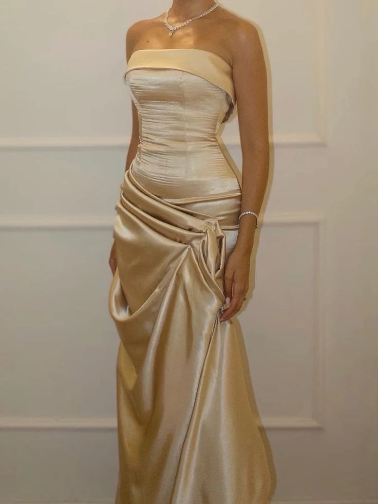 Luxe Mermaid Strapless Sleeveless Ruched Champagne Satin Long Party Dresses