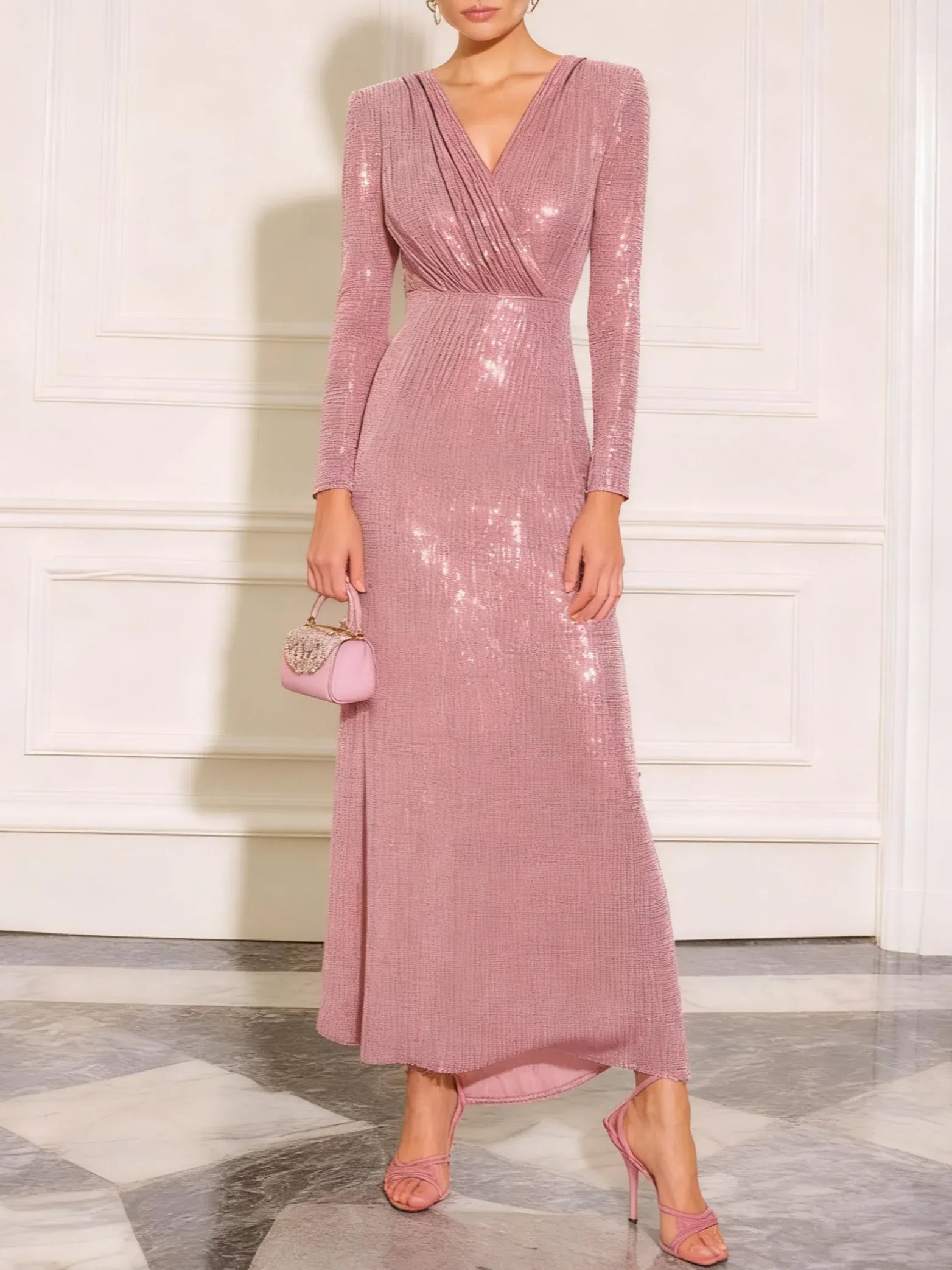 Luxury A-Line V Neck Long Sleeve Zipper Up Floor Length Evening Dresses