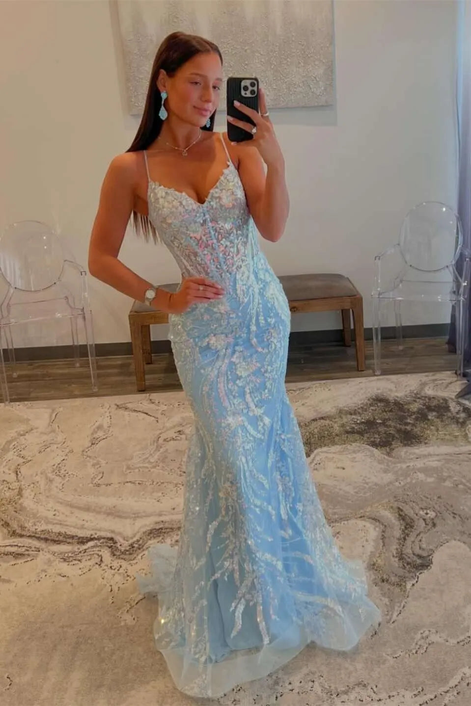 Luxury Mermaid V-neck Sleeveless Backless Floor-Length Prom Dress