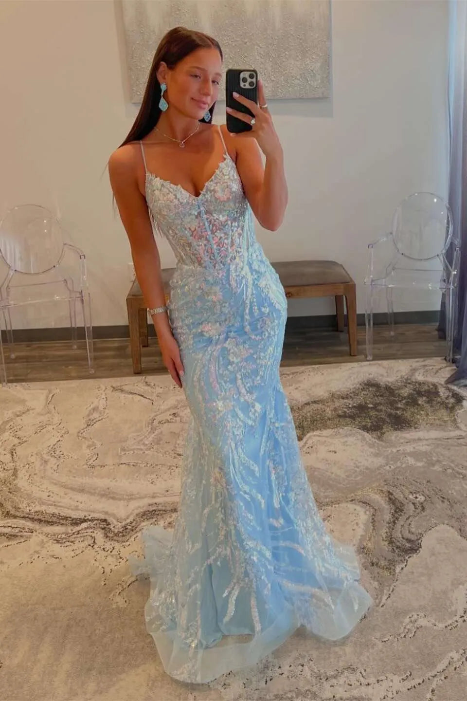 Luxury Mermaid V-neck Sleeveless Backless Floor-Length Prom Dress