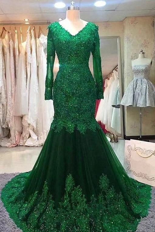 Luxury Mermaid V Neck Long Sleeve Lace Up Floor-Length Prom Dress