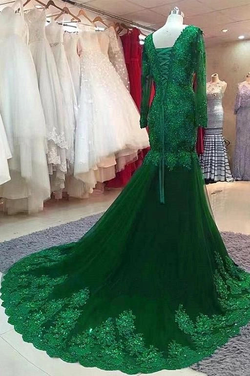 Luxury Mermaid V Neck Long Sleeve Lace Up Floor-Length Prom Dress