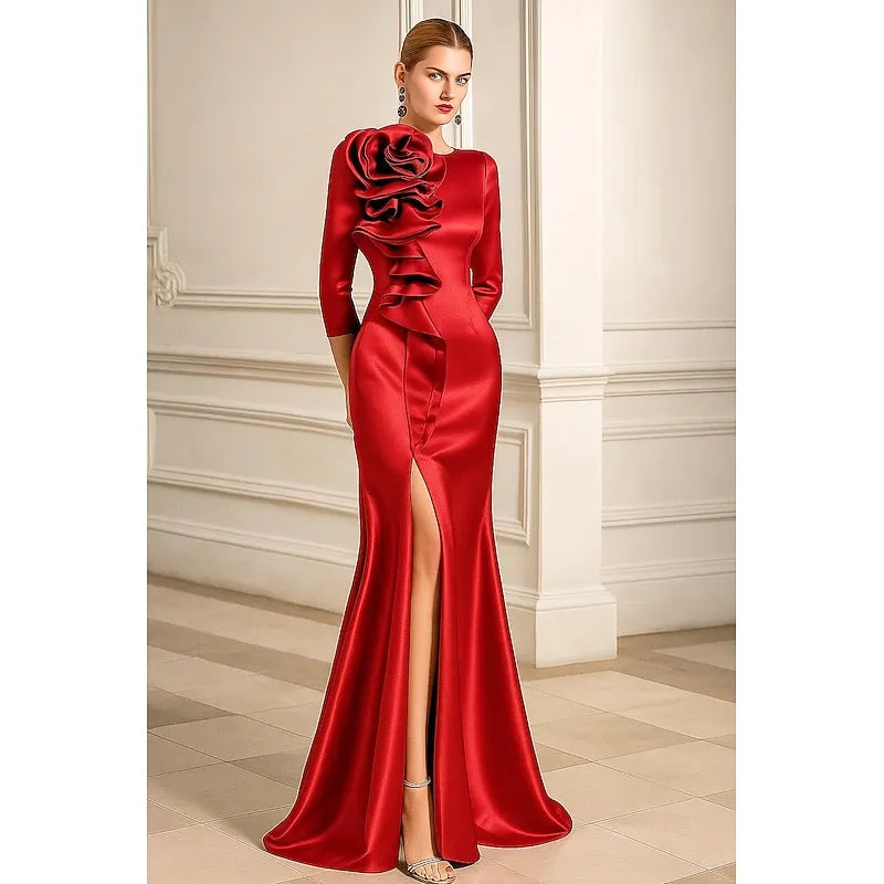 Mermaid Crew Neck 3/4 Sleeve Rose Satin Fuchsia Maxi Prom Dress With Slit