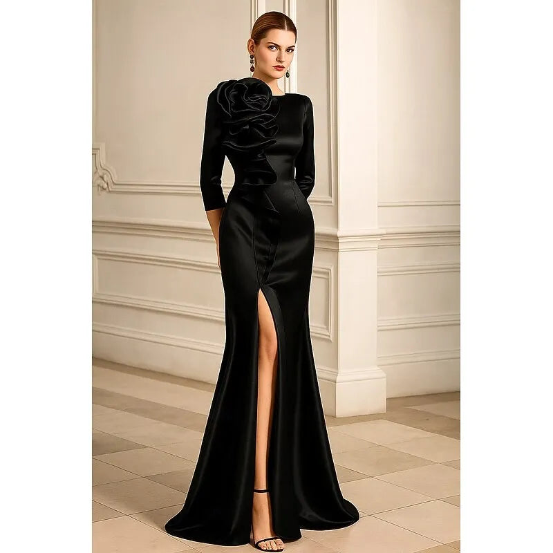 Mermaid Crew Neck 3/4 Sleeve Rose Satin Fuchsia Maxi Prom Dress With Slit