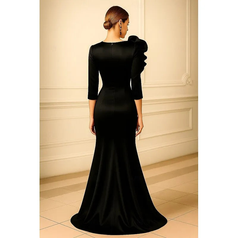 Mermaid Crew Neck 3/4 Sleeve Rose Satin Fuchsia Maxi Prom Dress With Slit