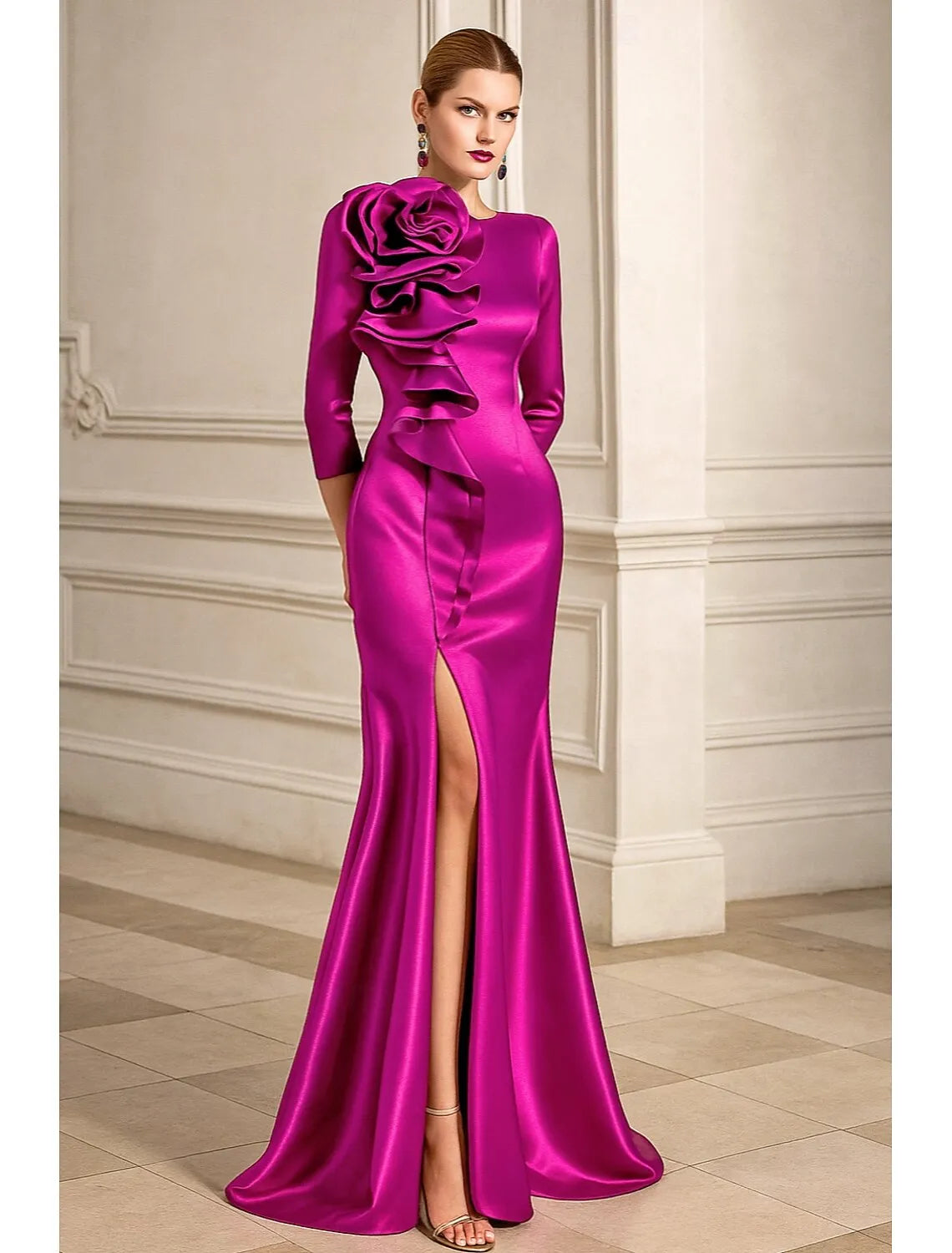 Mermaid Crew Neck 3/4 Sleeve Rose Satin Fuchsia Maxi Prom Dress With Slit