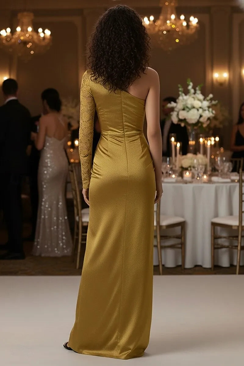 Mermaid One-Shoulder Long Sleeve Floral Lace Satin Gold Maxi Prom Dress With Slit