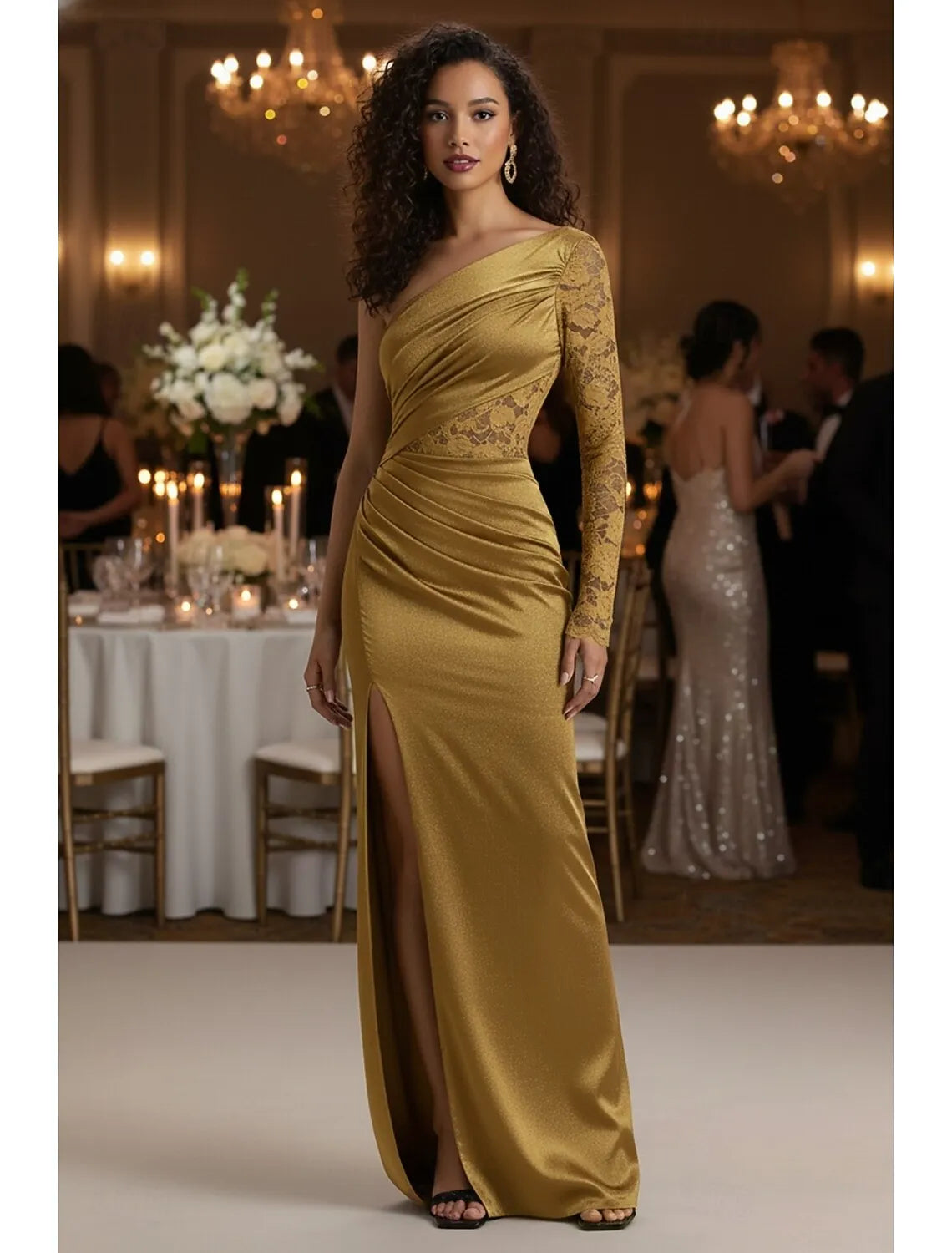Mermaid One-Shoulder Long Sleeve Floral Lace Satin Gold Maxi Prom Dress With Slit