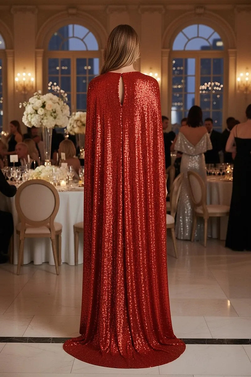 Mermaid Strapless Ruched Cape Sequin Red Maxi Prom Dress With Slit