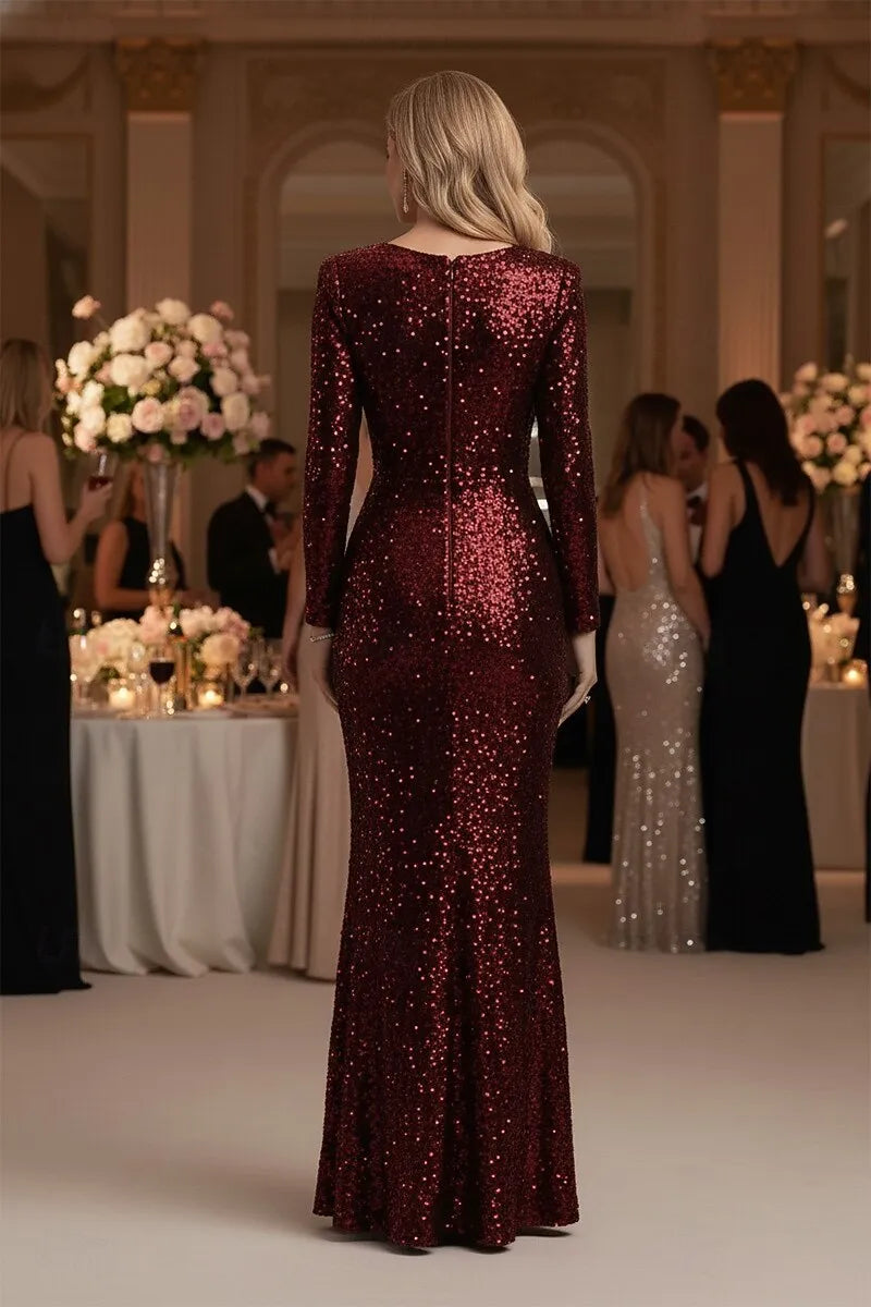 Mermaid V Neck Long Sleeve Ruffle Sequin Burgundy Floor Length Prom Dress