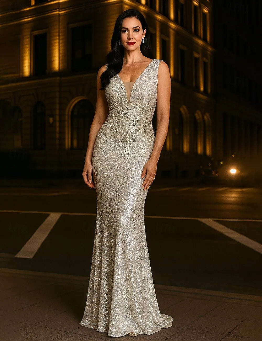 Mermaid V Neck Sleeveless Trumpet Sequin Silver Floor Length Prom Dress