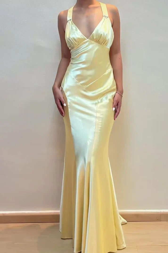Minimalist Sleeveless Sheath V Neck Yellow Satin Mermaid Cold Shoulder Floor-Length Long Prom Dresses