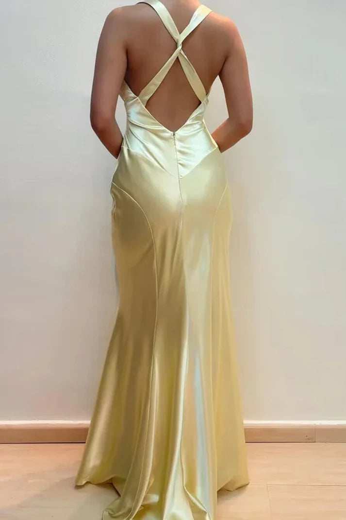 Minimalist Sleeveless Sheath V Neck Yellow Satin Mermaid Cold Shoulder Floor-Length Long Prom Dresses