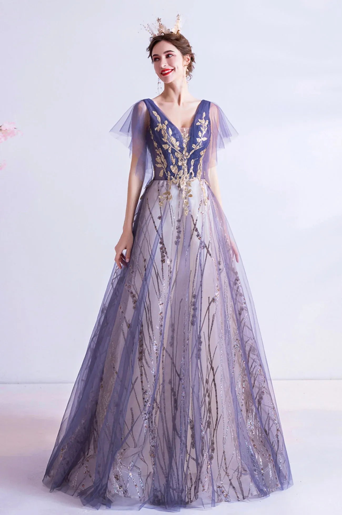 Modern A-Line V-Neck Flutter Sleeve Lace Up Floor-Length Prom Dress