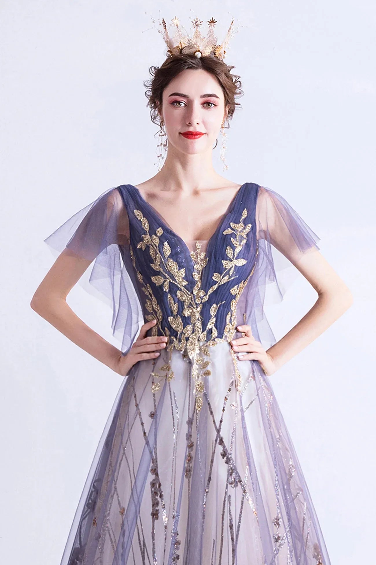 Modern A-Line V-Neck Flutter Sleeve Lace Up Floor-Length Prom Dress