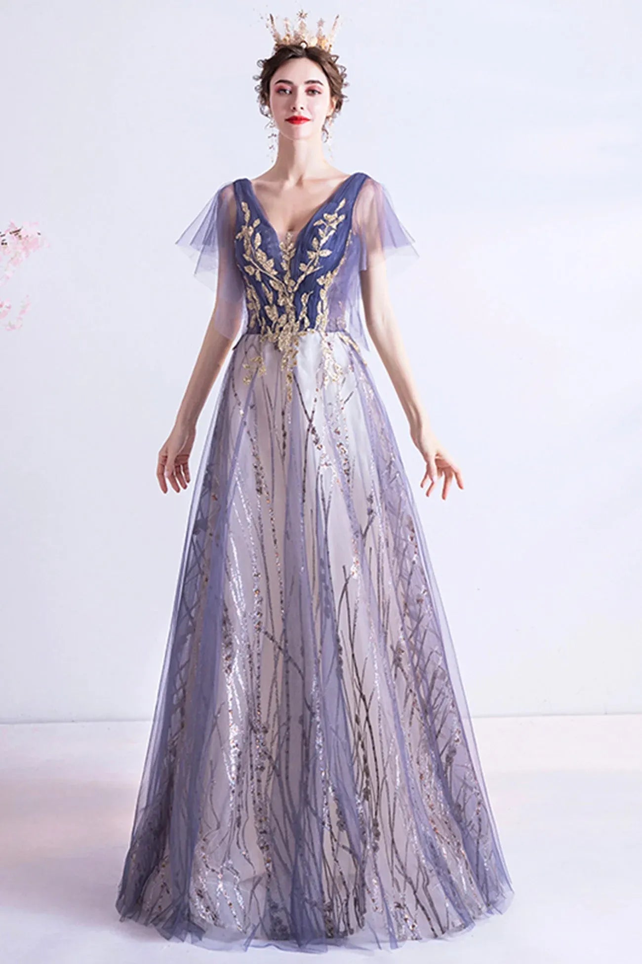Modern A-Line V-Neck Flutter Sleeve Lace Up Floor-Length Prom Dress