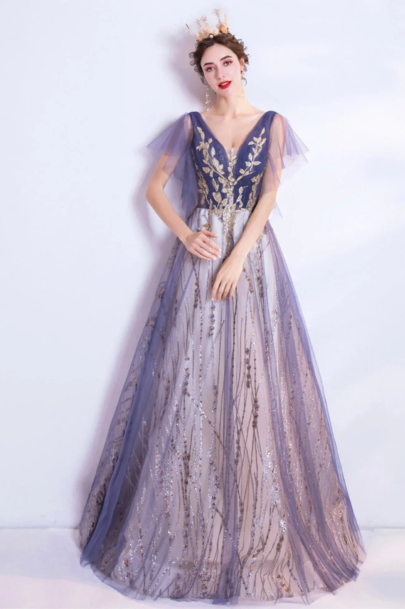 Modern A-Line V-Neck Flutter Sleeve Lace Up Floor-Length Prom Dress