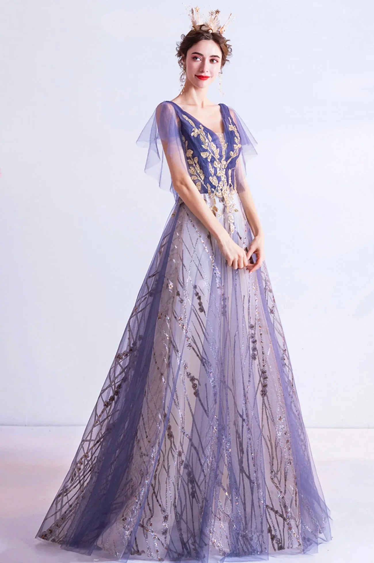 Modern A-Line V-Neck Flutter Sleeve Lace Up Floor-Length Prom Dress