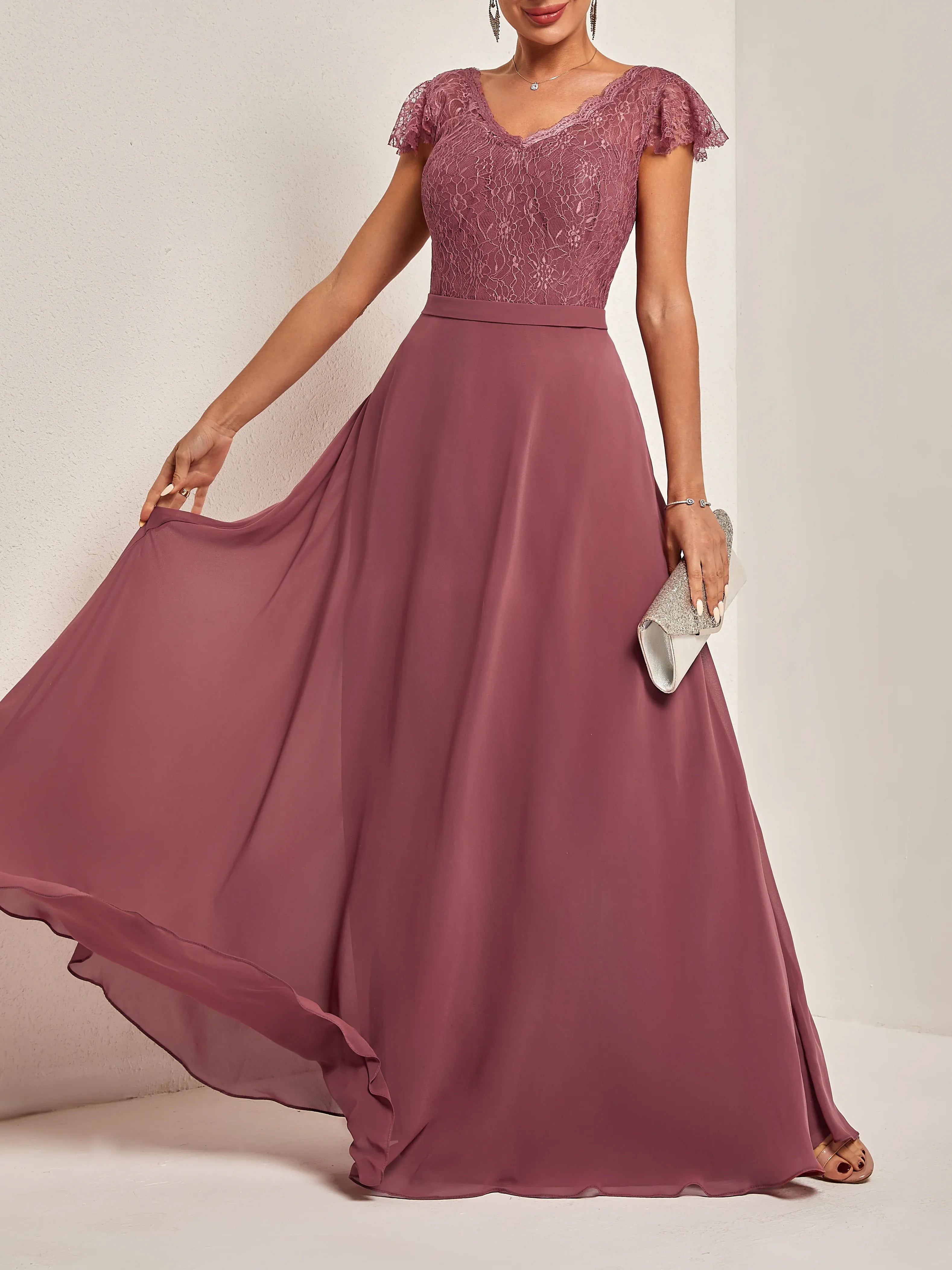 Modern A-Line V Neck Short Sleeve V Back Floor Length Evening Dresses