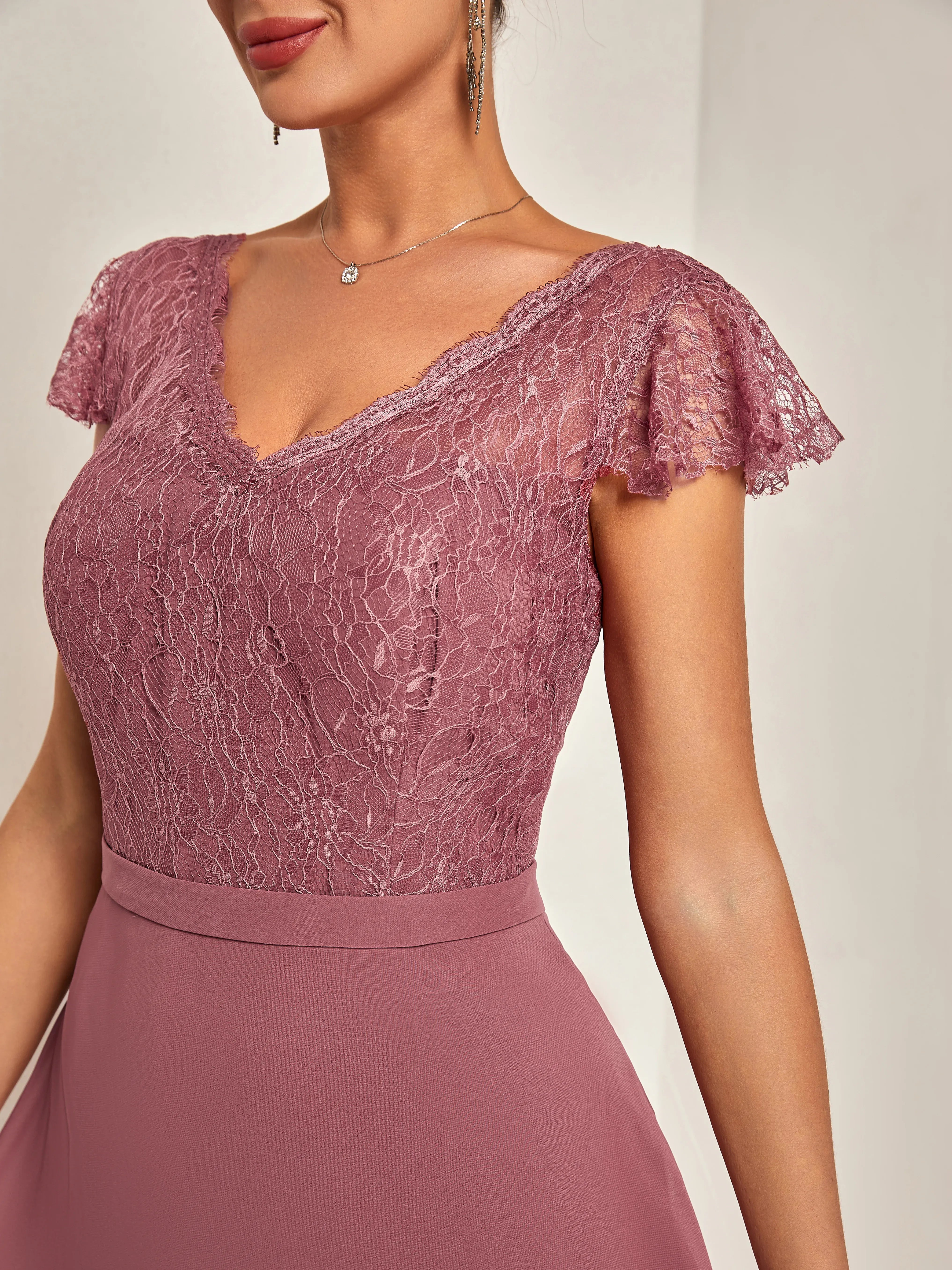 Modern A-Line V Neck Short Sleeve V Back Floor Length Evening Dresses