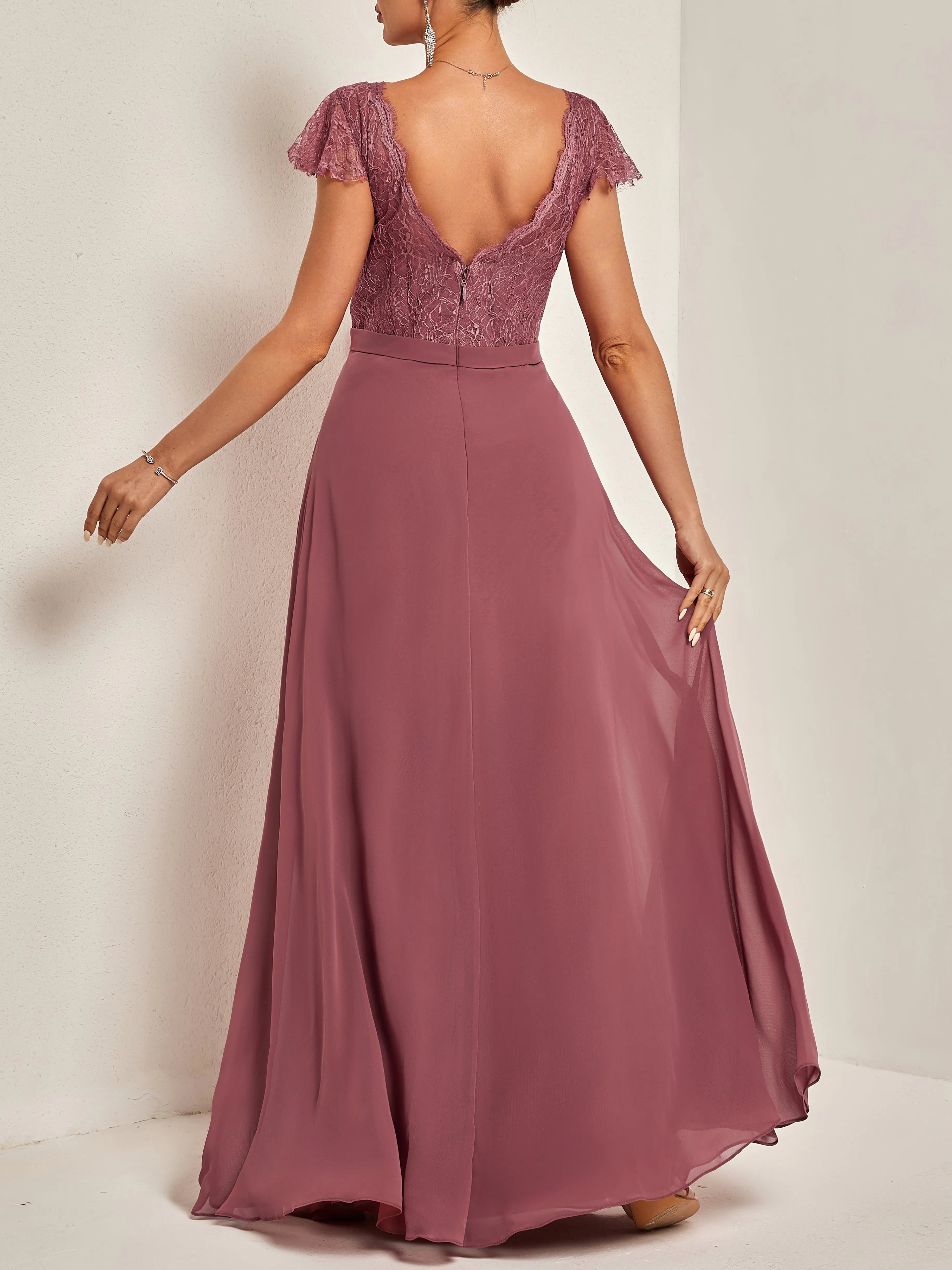 Modern A-Line V Neck Short Sleeve V Back Floor Length Evening Dresses