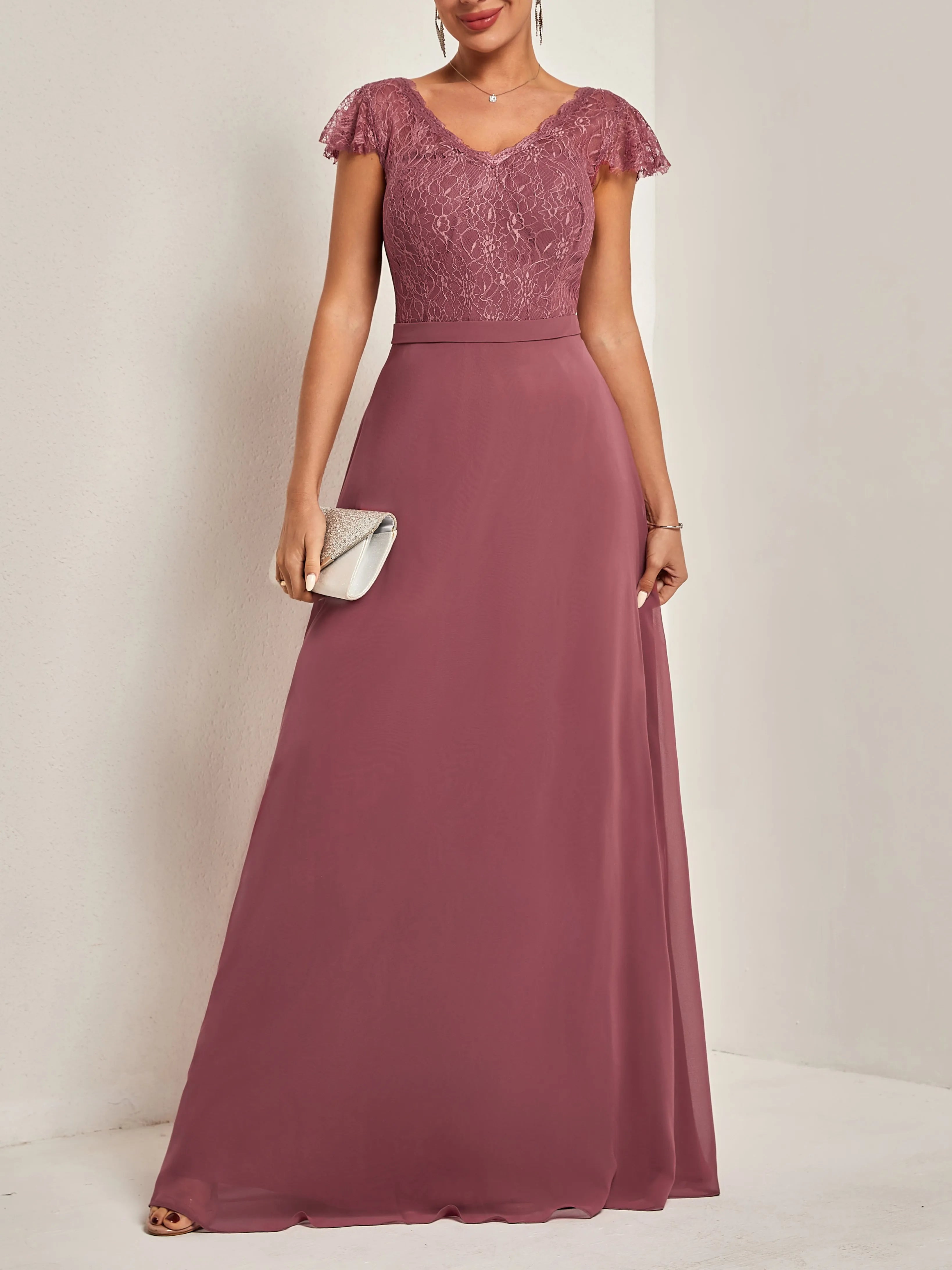 Modern A-Line V Neck Short Sleeve V Back Floor Length Evening Dresses