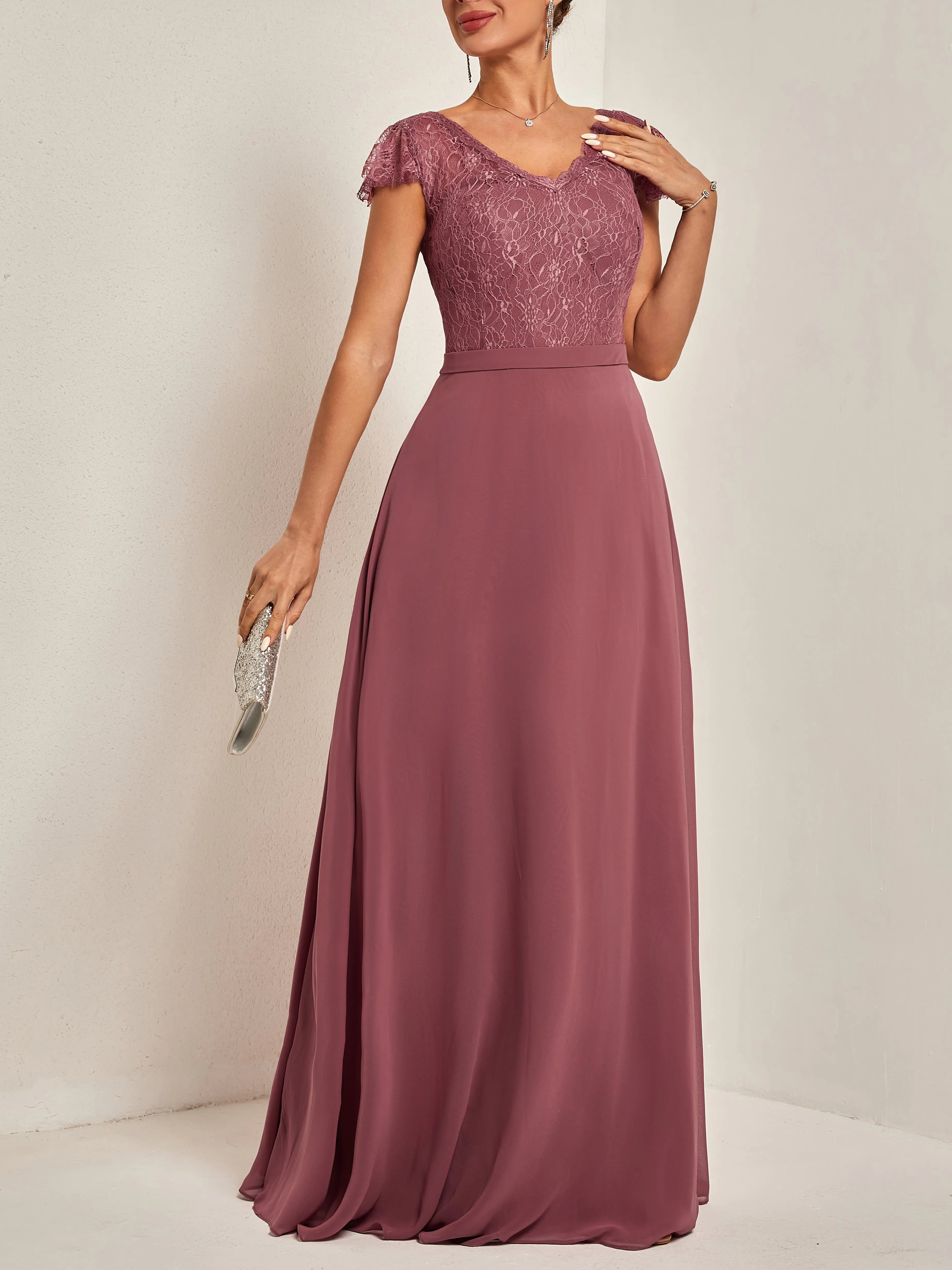 Modern A-Line V Neck Short Sleeve V Back Floor Length Evening Dresses
