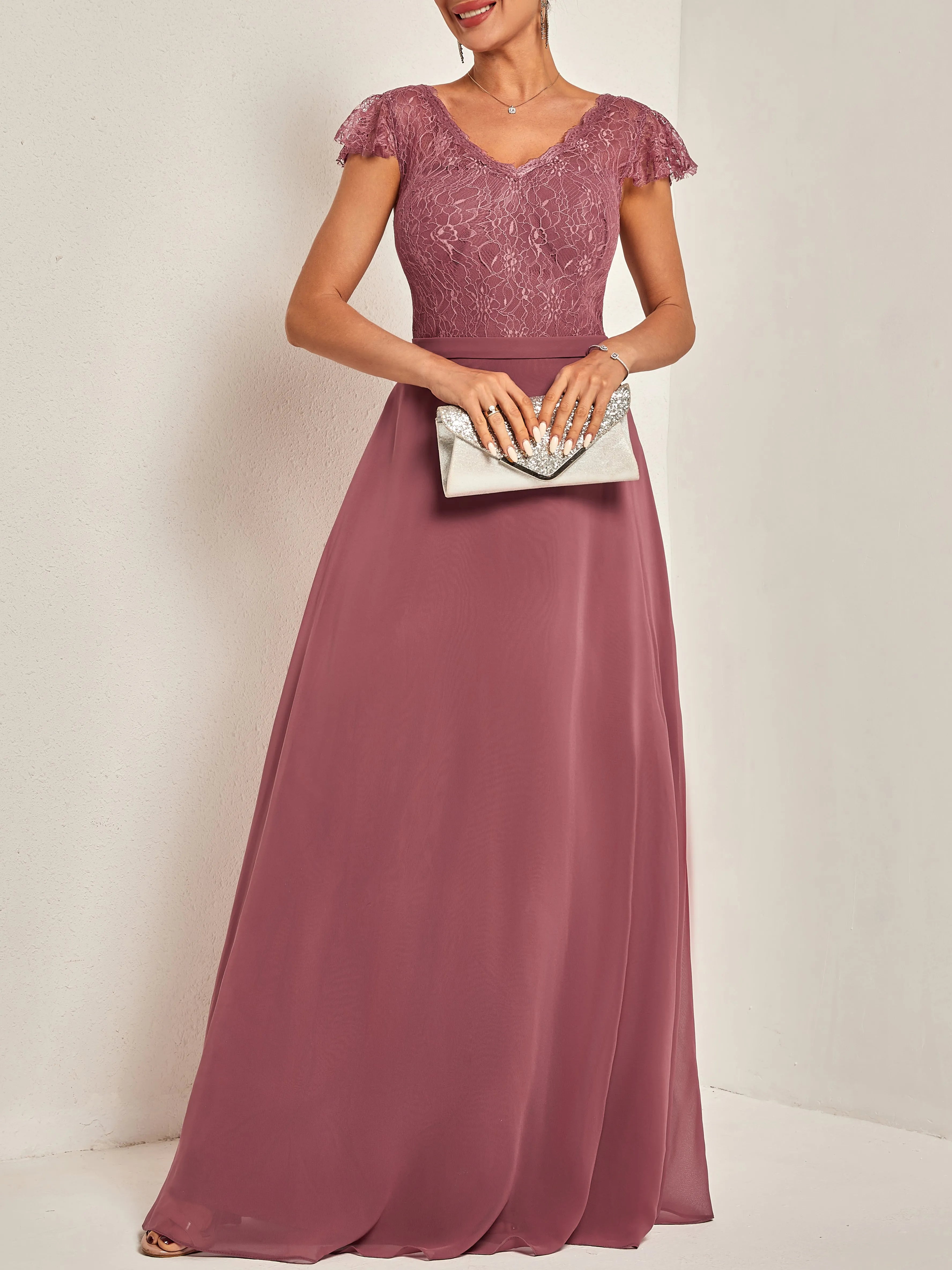 Modern A-Line V Neck Short Sleeve V Back Floor Length Evening Dresses