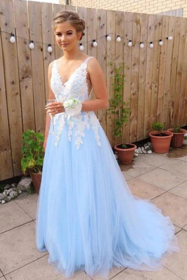 Modern A-Line V Neck Sleeveless Backless Chapel Train Prom Dress