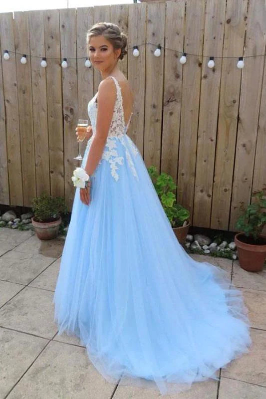Modern A-Line V Neck Sleeveless Backless Chapel Train Prom Dress
