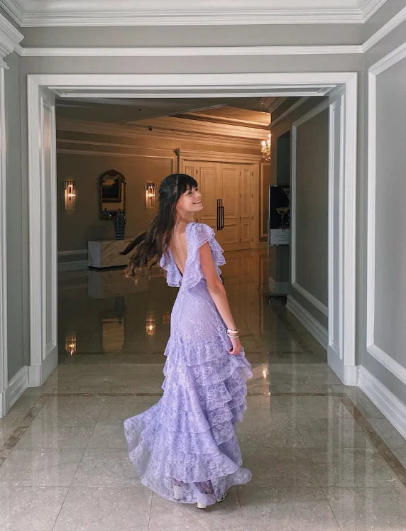 Modern A line V Neck Sleeveless Open Back Floor-Length Prom Dresses